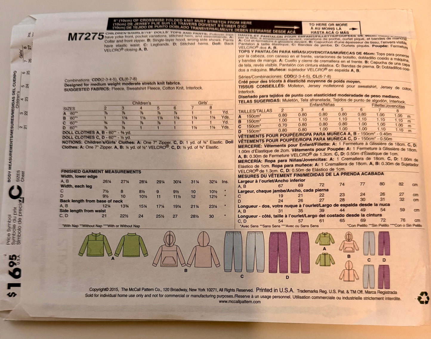 McCall's Pattern 7275 Girls Top & Pants/ Matching 18" Doll pieces 🎀