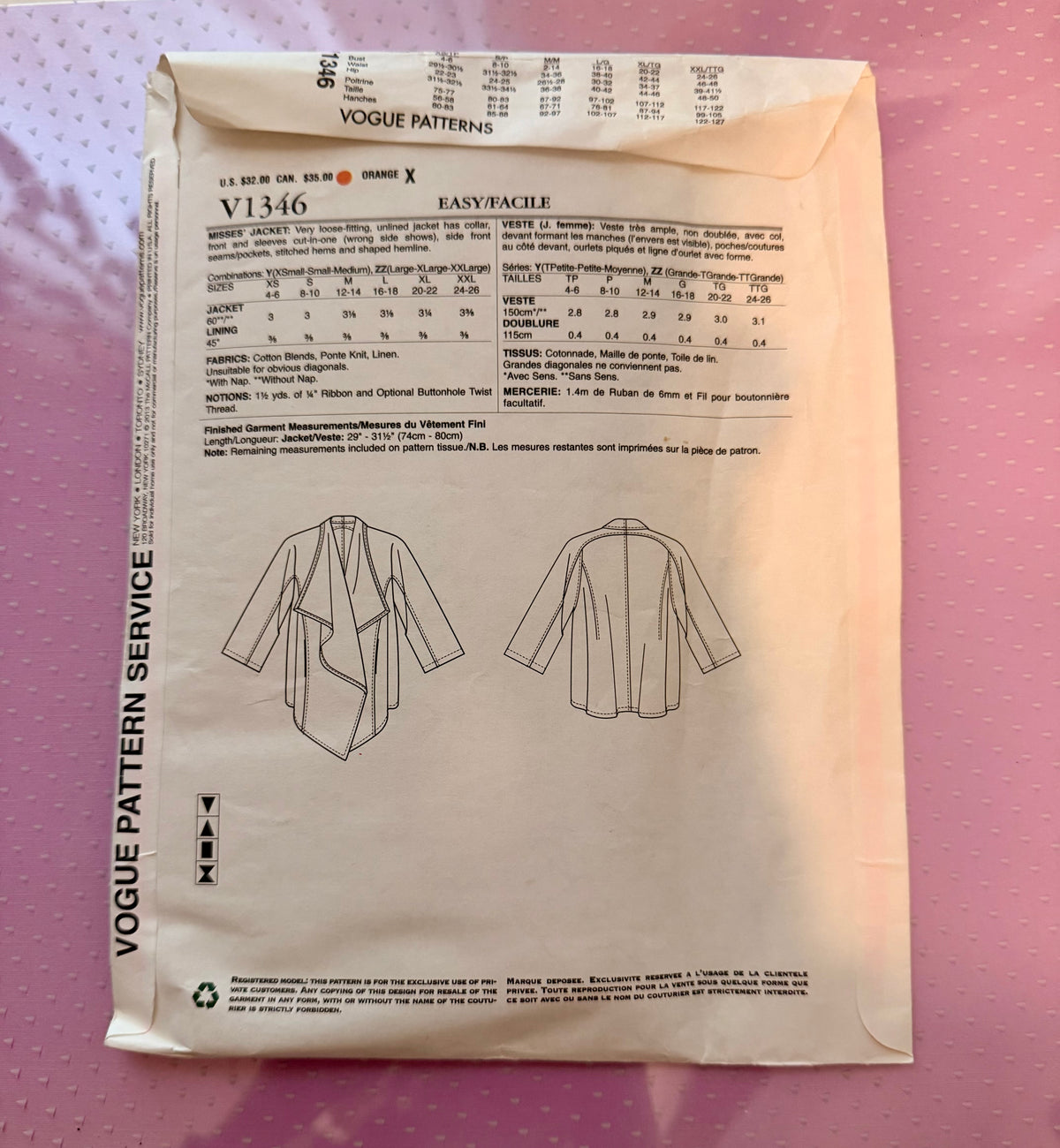Vogue Pattern 1346 Donna Karan Collection