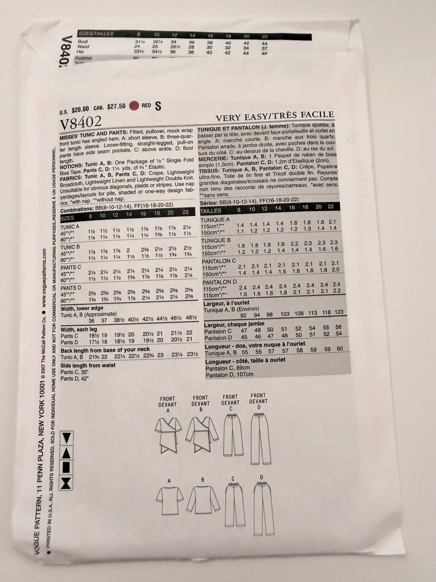 Vogue Pattern 8402 Very Easy Vogue Tunic & Pants