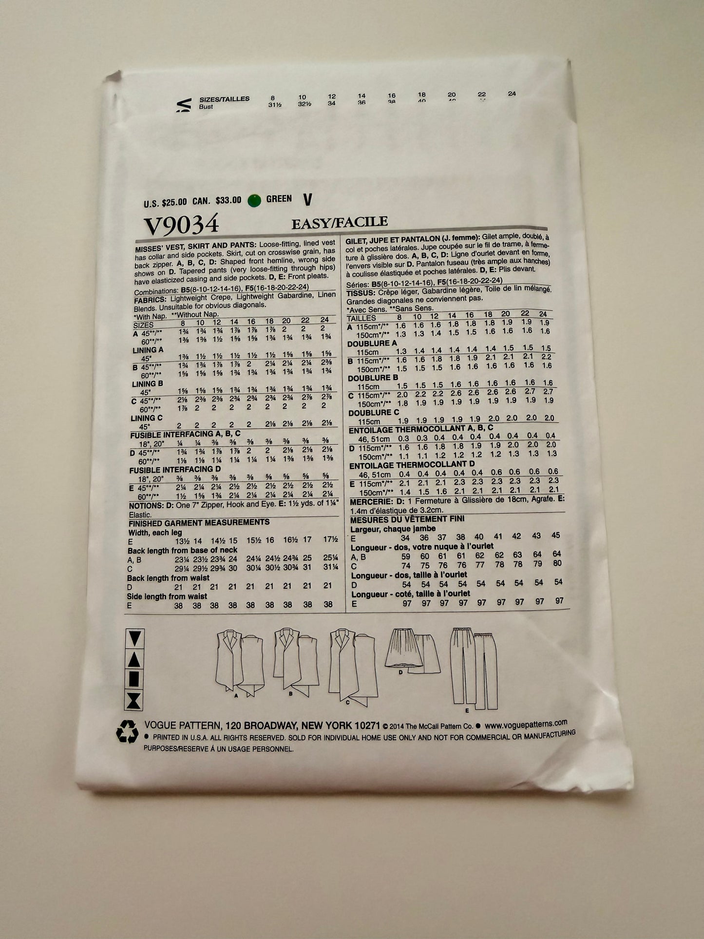 Vogue Pattern 9034 Vest - Skirt & Pants