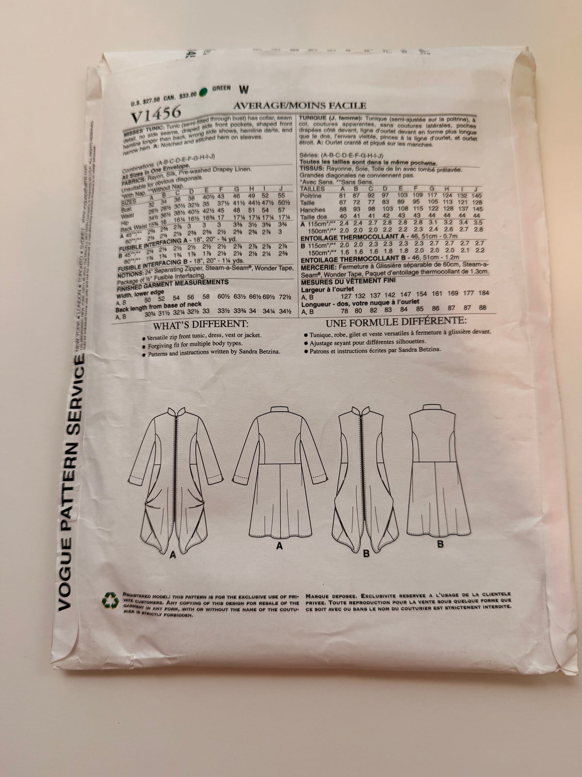 Vogue Pattern 1456 Today's Fit Sandra Bettina Tunic