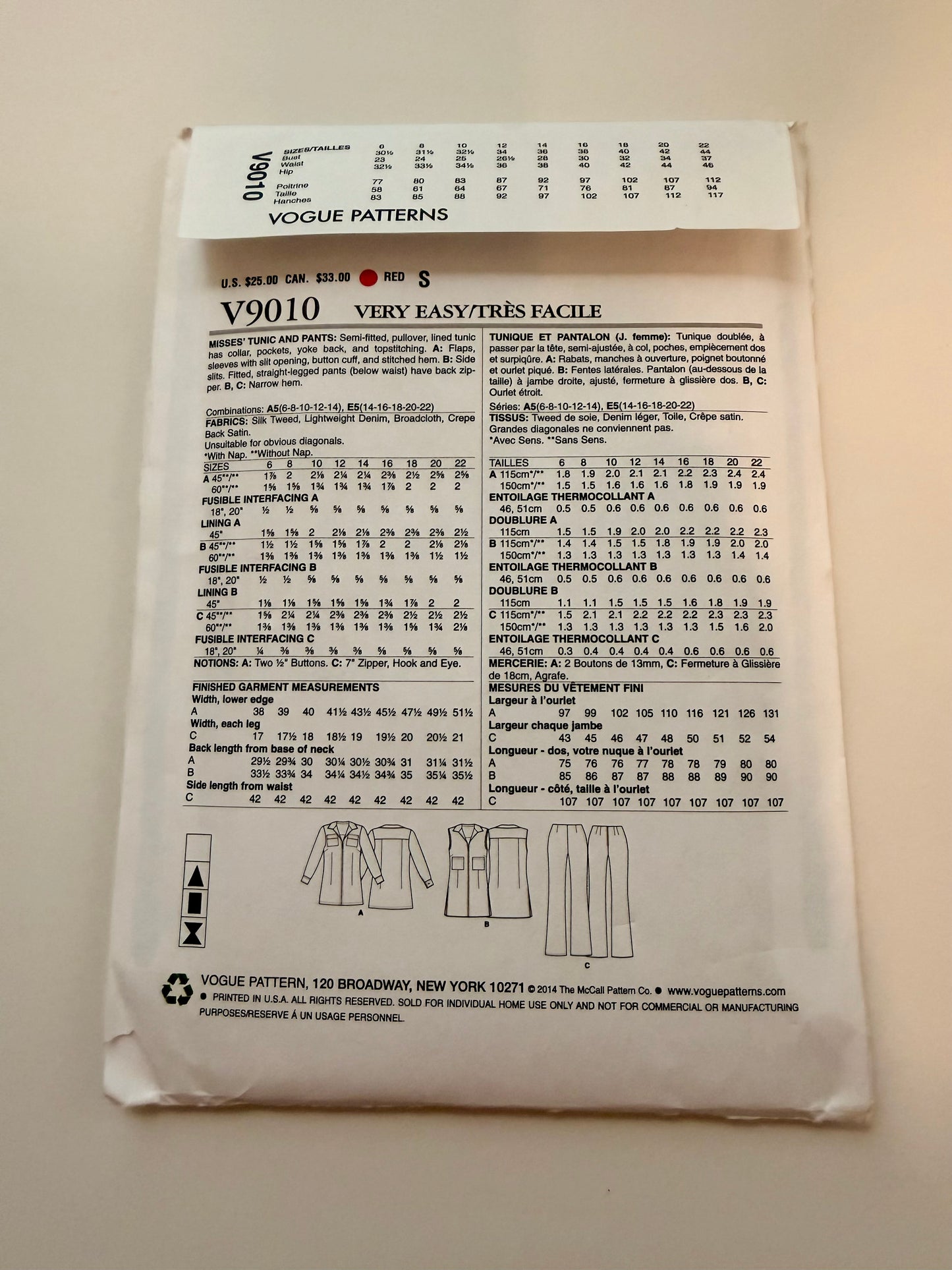 Vogue Pattern 9010 Very Easy Vogue Tunic & Pants