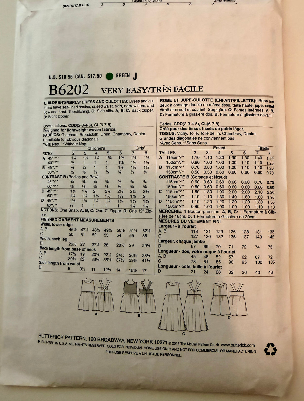 Butterick Pattern 6202 Fast & Easy Girls Romper & Dresses