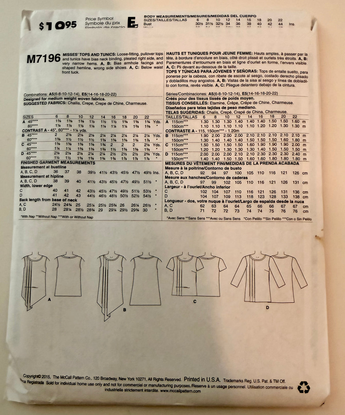 McCall's Pattern 7196 Tops & Tunics
