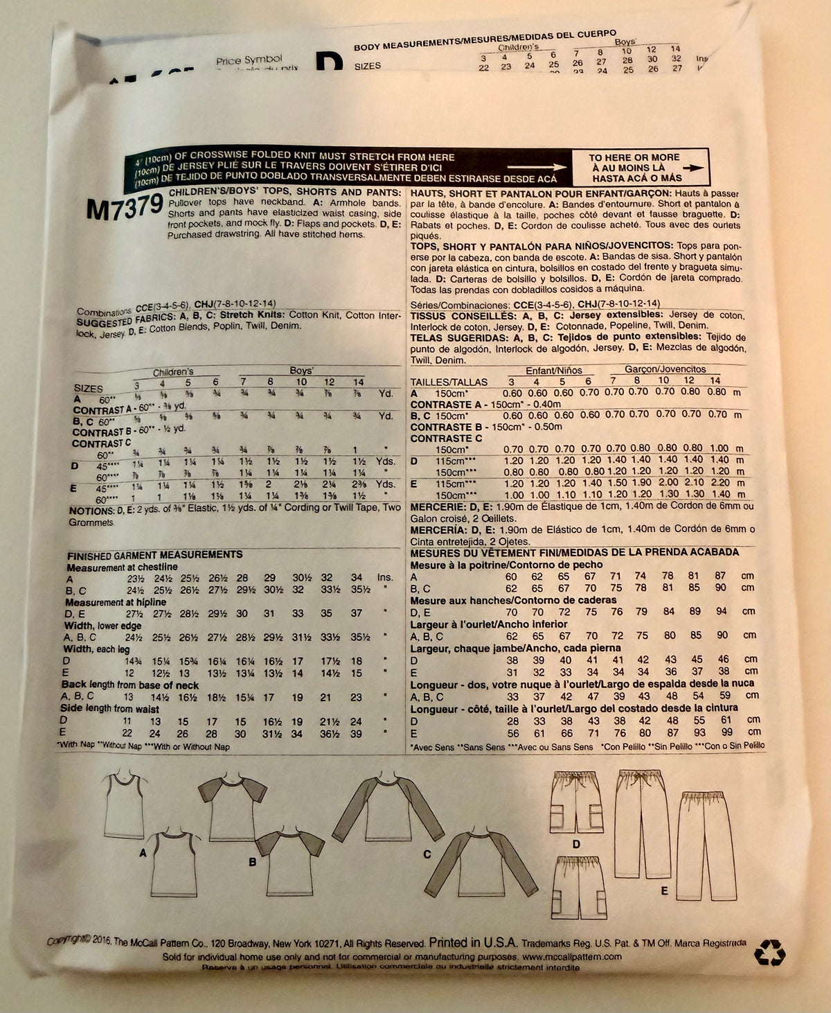 McCall's Pattern 7379 Boys Pant/Shorts & Shirt