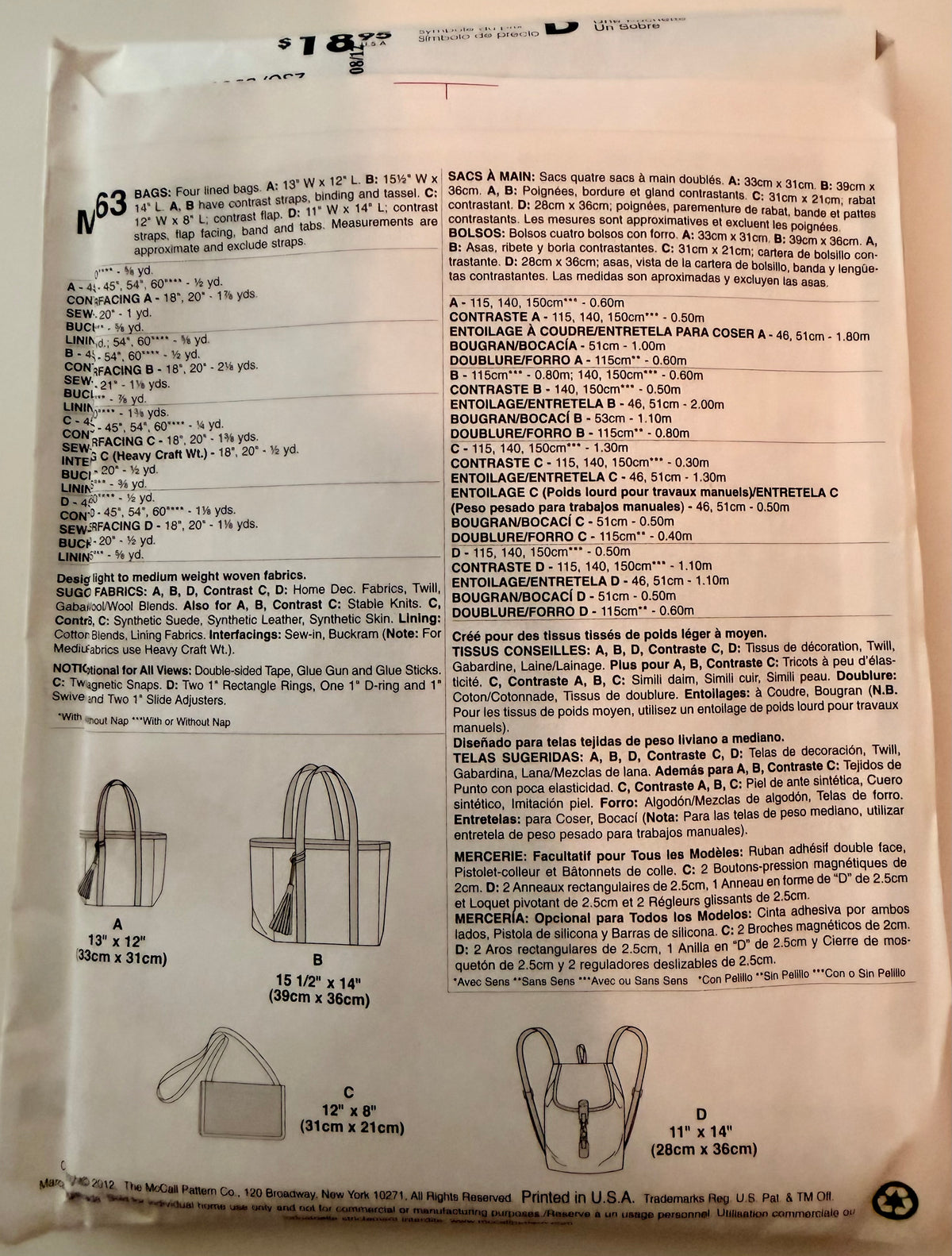 McCall's Pattern 6663 Fashion Accessories Carry-Alls