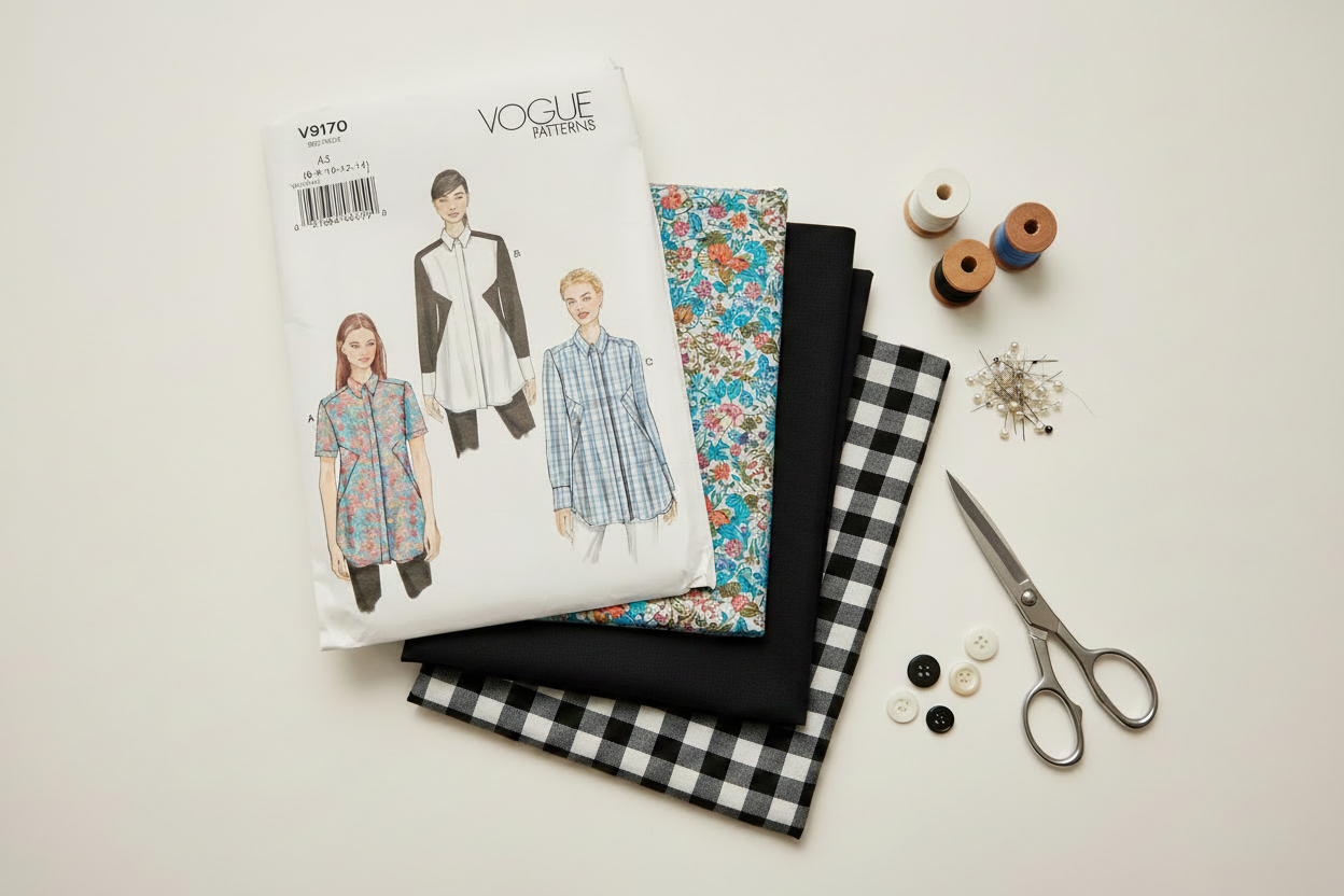 Vogue Pattern 9170 Shirt Designs Flat Lay - Black Fabric